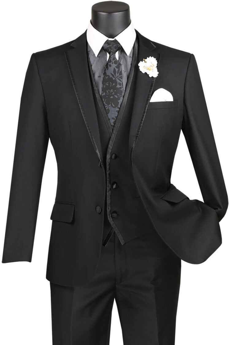 Slim Fit Vested Textured Solid Trimmed Lapel Suit for Men