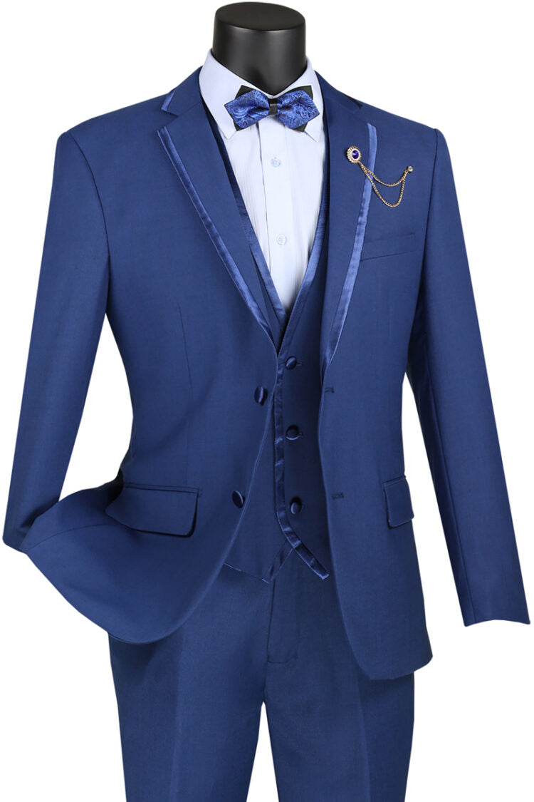 Slim Fit Vested Textured Solid Trimmed Lapel Suit for Men