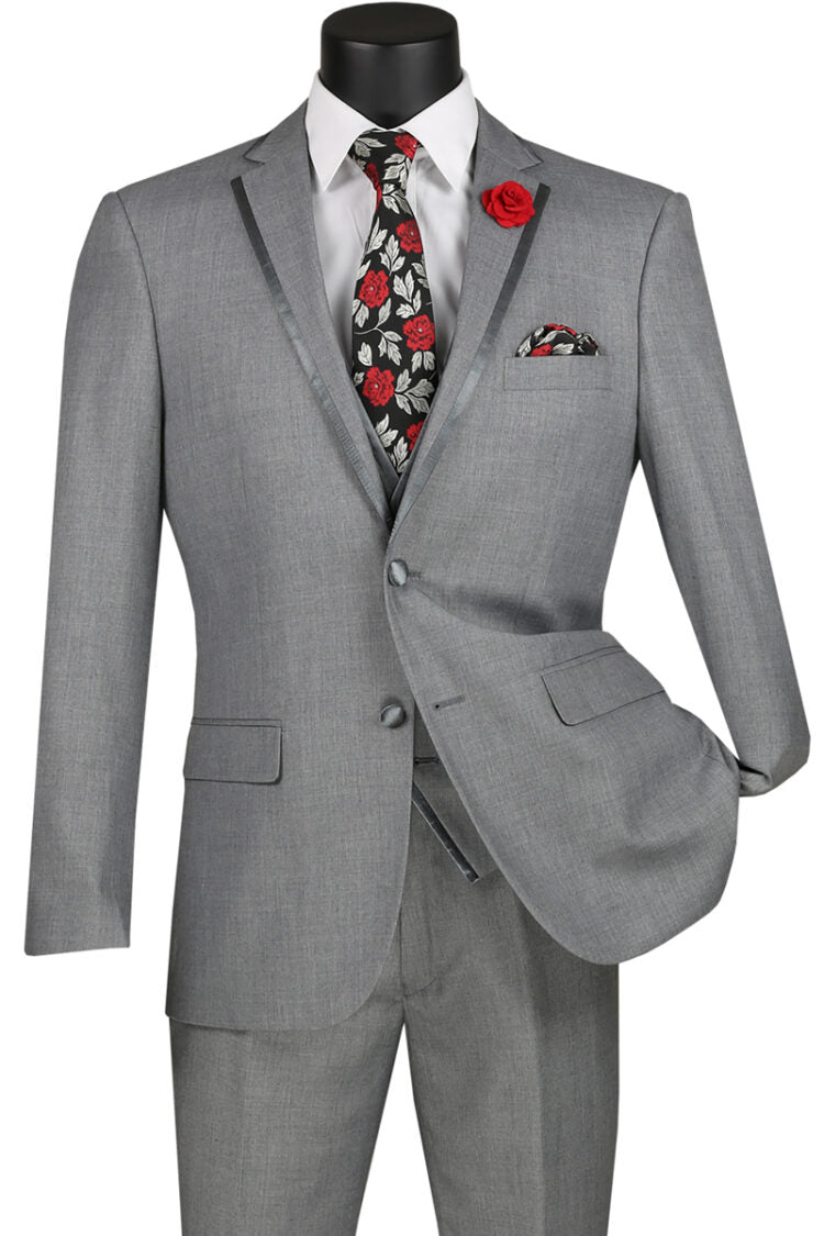 Slim Fit Vested Textured Solid Trimmed Lapel Suit for Men