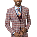 Exquisite Burgundy Single Breasted Plaid Suit